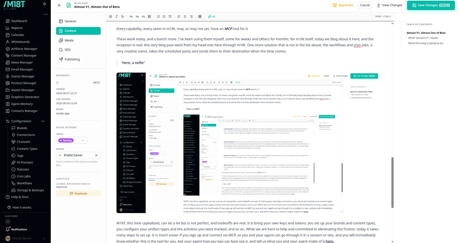 The m18t workspace with this very post open in the editor, mid-write