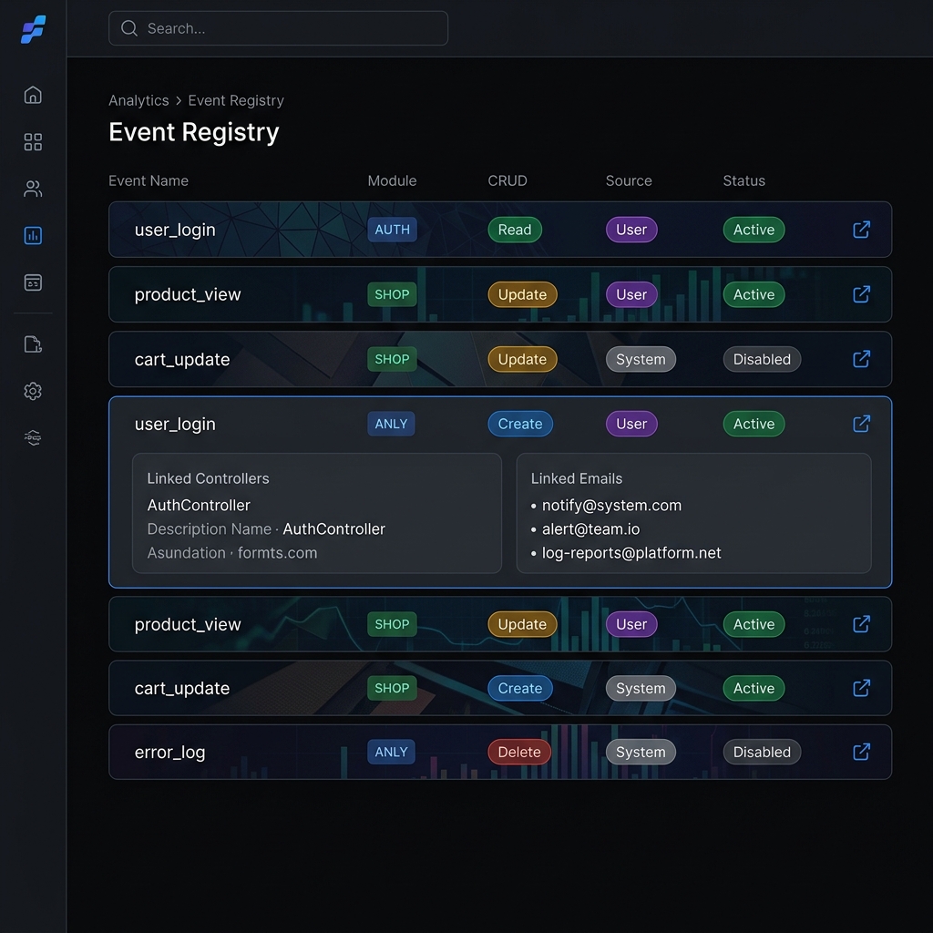 Analytics event registry